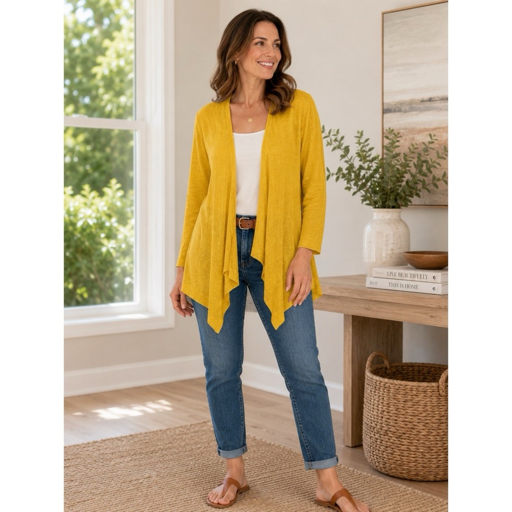 Tahari Size Medium 100% Linen Open Front Cardigan Mustard Yellow Drape Hem